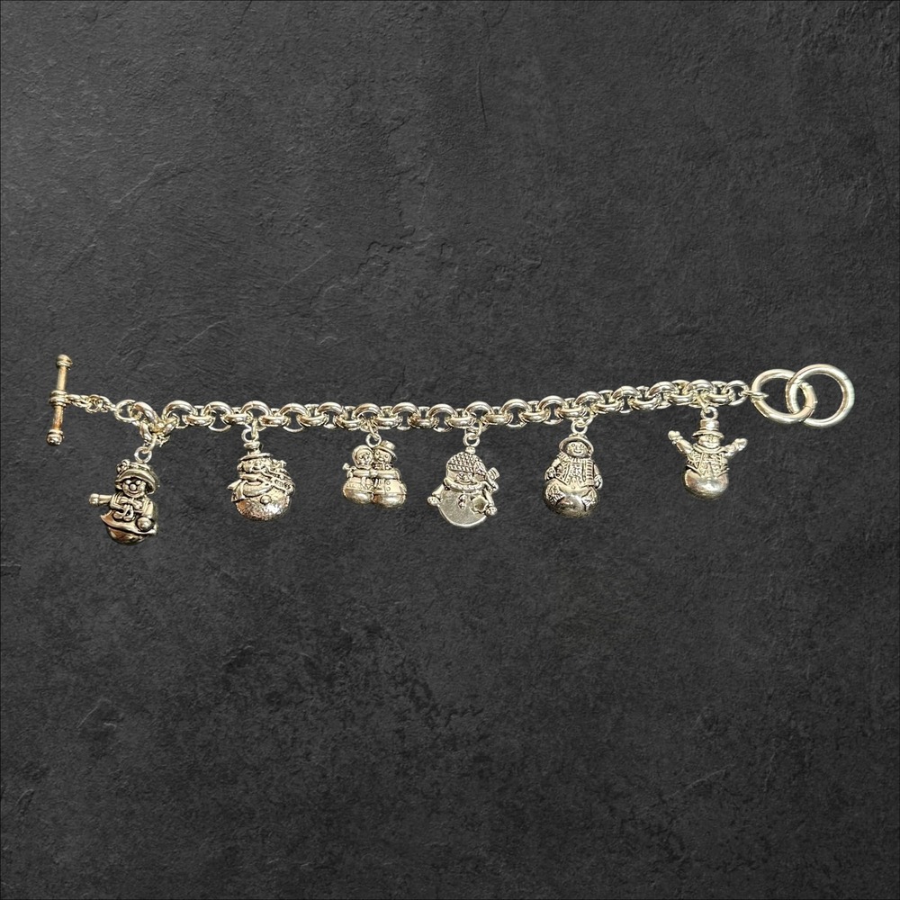 Vintage Best Christmas Charm Bracelet Snowman Santa Holiday Toggle Silver Tone‎